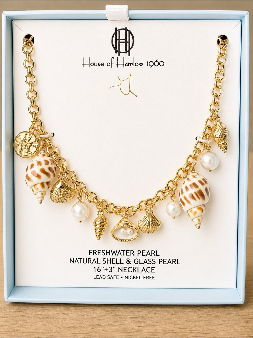 House of Harlow 1960 Gold Charm Shell & Pearl Necklace
